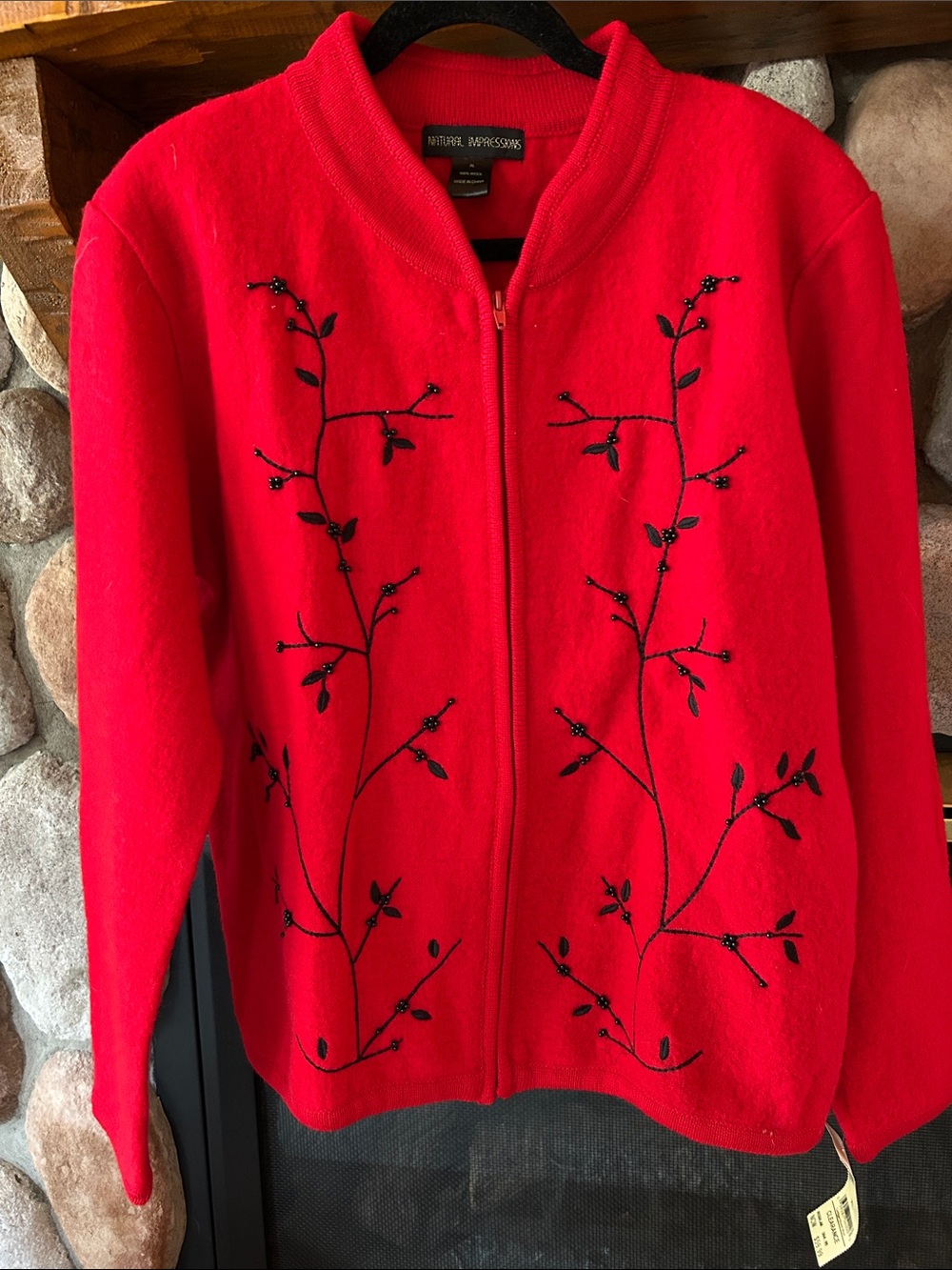Natural Impressions Bright Red Wool Embroidered Zip-Up Cardigan, Size XL, NWT